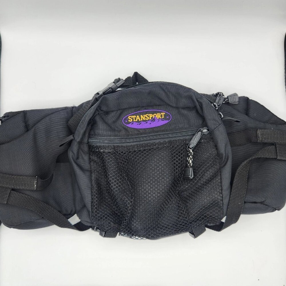 Stansport waist pack w/ 2 water bottle holders 4 total pockets black fanny pack
